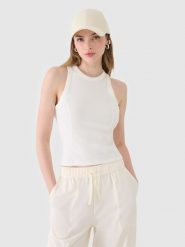 4F Top slim z prążkowanej dzianiny damski - biały XS. Białe koszulki sportowe damskie 4f, xs, bez wzorów, z bawełny, bez kołnierzyka, bez ramiączek. Za 29.99 zł.