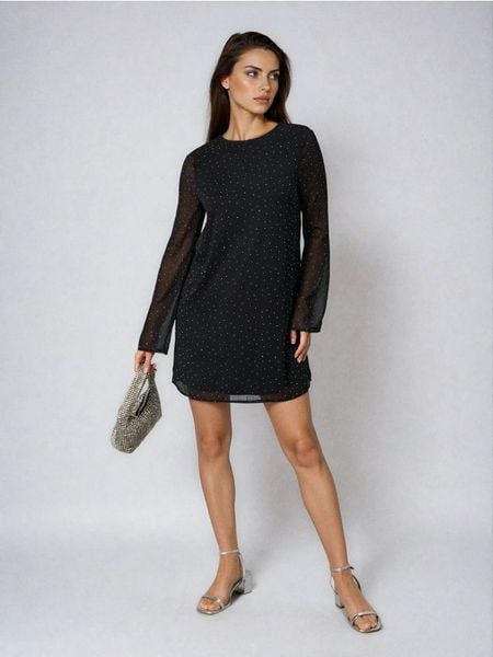 Sukienka mini z połyskiem - czarny. Czarne sukienki damskie Sinsay, l, bez wzorów, bez kołnierzyka, bez ramiączek, mini. Za 59.99 zł.