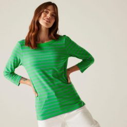 Koszulka do chodzenia z rękawem 3/4 damska Bayletta II. Zielone koszulki sportowe damskie Regatta, bez wzorów, z tkaniny, sportowe, bez kołnierzyka. Za 147.50 zł.