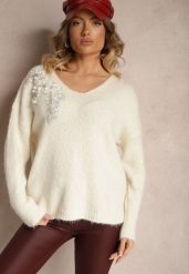 Jasnobeżowy Sweter z Wełną Ozdobiony Cekinami i Kwiatami 3D Calimi. Brązowe swetry damskie Renee, na zimę, l, z aplikacjami, z jeansu, casualowe, bez kołnierzyka, bez ramiączek, długie, bez kaptura. Za 139.99 zł.