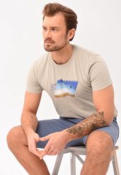 T-shirt z printem T-NAVI. Brązowe t-shirty męskie Volcano, na lato, l, bez wzorów, z bawełny, klasyczne, bez kołnierzyka. Za 59.99 zł.