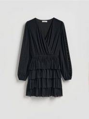 Sukienka mini w groszki - czarny. Czarne sukienki damskie Reserved, l, bez wzorów, z dzianiny, bez kołnierzyka, bez ramiączek, mini, rozkloszowane. Za 139.99 zł.