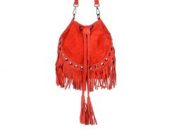 Worek skórzany czerwony z frędzlami X39. Czerwone torebki do ręki damskie bez wzorów, z materiału, średnie, bez dodatków. Za 192.40 zł.