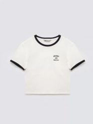 Koszulka dziewczęca z kontrastowym wykoŅczeniem biała Lillia 100. Białe bluzki dla dziewczynek Big Star, bez wzorów, z dzianiny, bez kołnierzyka, bez ramiączek. Za 59.99 zł.