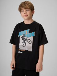 4F T-shirt loose z nadrukiem chłopięcy - czarny 158/164 (12-14 lat). Czarne t-shirty dla chłopców 4f, bez wzorów, z bawełny, bez ramiączek. Za 49.99 zł.