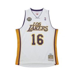 Koszulka NBA Los Angeles Lakers Pau Gasol 2008. Białe koszulki sportowe męskie Mitchell & Ness, bez wzorów, bez kołnierzyka, bez ramiączek, do koszykówki. W wyprzedaży za 428.50 zł.