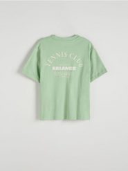 T-shirt z nadrukiem - jasnozielony. Zielone t-shirty damskie Reserved, l, bez wzorów, z bawełny, bez kołnierzyka. W wyprzedaży za 25.99 zł.