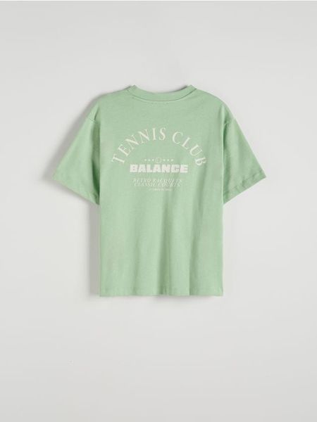 T-shirt z nadrukiem - jasnozielony. Zielone t-shirty damskie Reserved, l, bez wzorów, z bawełny, bez kołnierzyka. W wyprzedaży za 25.99 zł.