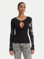 Desigual Bluzka 26SWTK18 Czarny Slim Fit. Czarne bluzki damskie Desigual, l, bez wzorów, z bawełny, bez kołnierzyka, bez ramiączek. Za 269.99 zł.