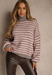 Szaro-Różowy Golf z Dodatkiem Wełny Ozdobiony Paskami Monarria. Szare swetry damskie Renee, bez wzorów, z jeansu, eleganckie, bez kołnierzyka, bez ramiączek, bez kaptura. Za 169.99 zł.