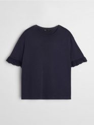 Bawełniana bluzka z ażurowymi detalami - granatowy. Niebieskie bluzki damskie Sinsay, l, w ażurowe wzory, z bawełny, bez kołnierzyka, bez ramiączek. Za 25.99 zł.