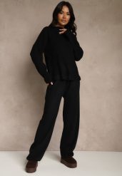 Czarny Komplet Oversize z Dzianiny z Wełną Sweter i Szerokie Spodnie Alenria. Czarne spodnie materiałowe damskie Renee, l, bez wzorów, z dzianiny, eleganckie, bez kołnierzyka, bez ramiączek, bez kaptura. Za 139.99 zł.