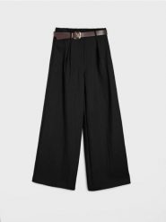 Spodnie wide leg z paskiem z domieszką wiskozy - czarny. Czarne spodnie materiałowe damskie Sinsay, l, bez wzorów, z wiskozy. Za 59.99 zł.
