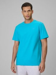 4F T-shirt regular gładki męski - niebieski L. Niebieskie t-shirty męskie 4f, l, bez wzorów, z materiału, klasyczne, bez kołnierzyka. Za 49.99 zł.