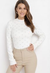Biały Sweter z Wiskozy w Cyrkonie Babava. Białe swetry damskie Born2be, na zimę, bez wzorów, z wiskozy, bez kołnierzyka, bez ramiączek, bez kaptura. Za 119.99 zł.