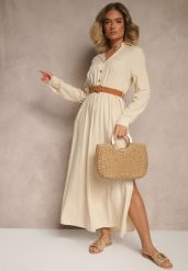 Beżowa Wiskozowa Sukienka o Rozkloszowanym Kroju z Paskiem i Rozcięciem Reirissa. Brązowe sukienki damskie Renee, na co dzień, l, bez wzorów, z wiskozy, eleganckie, bez kołnierzyka, bez ramiączek, maxi, rozkloszowane. Za 119.99 zł.