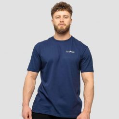 Koszulka męska fitness regular z krótkim rękawem granatowa Basic. Niebieskie koszulki sportowe męskie GYMBEAM, m, bez wzorów, z bawełny, bez kołnierzyka, bez ramiączek, na fitness i siłownię. Za 42.90 zł.