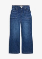 Dżinsy z szerokimi nogawkami, mid waist, i naszywanymi kieszeniami. Niebieskie jeansy damskie bonprix. Za 149.99 zł.