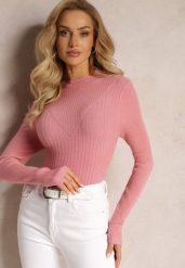 Różowy Dopasowany Sweter z Prążkami i Ozdobnym Tłoczeniem Linametta. Czerwone swetry damskie Renee, bez wzorów, z jeansu, casualowe, bez kołnierzyka, bez ramiączek, bez kaptura. Za 49.99 zł.