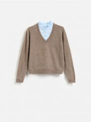 Sweter z koszulową wstawką - brązowy. Brązowe swetry damskie Reserved, l, bez wzorów, z dzianiny, bez kołnierzyka, bez ramiączek, bez kaptura. Za 129.99 zł.