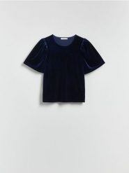 Bluzka z bufiastymi rękawami - granatowy. Niebieskie bluzki damskie Reserved, l, bez wzorów, z dzianiny, bez kołnierzyka, bez ramiączek. Za 59.99 zł.