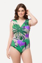 Damski Strój kąpielowy palma miękkie miseczki marszczona taśma na ramieniu. Brązowe kostiumy jednoczęściowe damskie Ulla Popken, m, bez wzorów, z elastanu, plus size, do pływania. Za 239.99 zł.