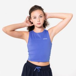 Koszulka do biegania bez rękawów dziecięca Kiprun 900 crop top. Fioletowe t-shirty i topy dla dziewczynek KIPRUN, bez wzorów, z materiału, bez ramiączek. Za 44.99 zł.