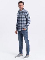 Flanelowa koszula męska w kratę - niebiesko-szara V1 - Rozmiar: S. Szare koszule męskie Ombre Clothing, l, bez wzorów, z bawełny, klasyczne, bez kołnierzyka, bez ramiączek. W wyprzedaży za 79.99 zł.