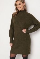 Zielona Sweterkowa Sukienka z Półgolfem i Wełną o Pudełkowym Kroju Norienne. Zielone sukienki damskie Born2be, na co dzień, bez wzorów, z wełny, eleganckie, bez kołnierzyka, bez ramiączek, mini. Za 129.99 zł.