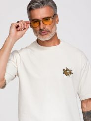 Koszulka męska loose fit z aplikacja pszczoły na klatce piersiowej - złamana biel V1 - Rozmiar: XL. Pomarańczowe t-shirty męskie Ombre Clothing, m, z aplikacjami, z bawełny, bez kołnierzyka. Za 249.99 zł.