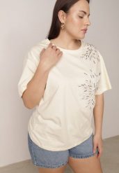 Jasnobeżowy T-shirt Bawełniany z Ozdobnymi Cekinami Greyfeather. Brązowe bluzki damskie Born2be, plus size, bez wzorów, z bawełny, biznesowe, bez kołnierzyka, plus size, bez ramiączek. Za 59.99 zł.