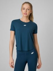 4F Koszulka treningowa regular szybkoschnąca damska - turkusowa L. Niebieskie koszulki sportowe damskie 4f, l, bez wzorów, ze skóry, bez kołnierzyka, bez ramiączek, na fitness i siłownię. Za 129.99 zł.