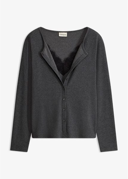 Bluzka 2 w 1 z koronką. Szare bluzki damskie bonprix, bez wzorów, z koronki, bez kołnierzyka, bez ramiączek. Za 124.99 zł.