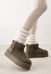 Zielone Krótkie Śniegowce na Grubej Podeszwie Aranwen. Zielone śniegowce i trapery damskie Renee, z dzianiny. Za 79.99 zł.