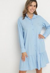 Niebieska Sukienka z Wiskozą o Koszulowym Kroju z Falbanką Penzedi. Niebieskie sukienki damskie Born2be, na co dzień, uniwersalny, bez wzorów, z wiskozy, eleganckie, bez kołnierzyka, bez ramiączek, mini, koszulowe. Za 79.99 zł.
