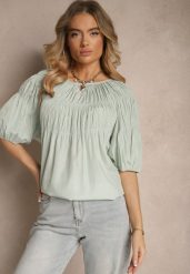 Miętowa Bluzka z Wiskozą o Fasonie Oversize z Gumkami w Ramionach Alirona. Niebieskie bluzki damskie Renee, bez wzorów, z wiskozy, eleganckie, bez kołnierzyka, bez ramiączek. Za 44.99 zł.