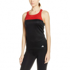 Top w kolorze czerwono-czarnym. Czarne topy damskie Adidas, Reebok, z nadrukiem, z materiału, z okrągłym kołnierzem. W wyprzedaży za 49.95 zł.