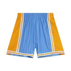 Szorty Swingman Los Angeles Lakers. Niebieskie krótkie spodenki sportowe męskie Mitchell & Ness, bez wzorów, do koszykówki. Za 497.00 zł.