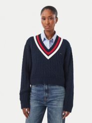 Tommy Jeans Sweter DW0DW23550 Granatowy Regular Fit. Niebieskie swetry damskie Tommy Jeans, s, bez wzorów, z bawełny, bez kołnierzyka, bez ramiączek, bez kaptura. Za 489.99 zł.