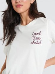 Koszulka z haftem - kremowy. Białe t-shirty damskie Sinsay, l, bez wzorów, z bawełny, bez kołnierzyka. Za 25.99 zł.