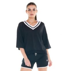Czarno-biała bluza damska z dekoltem w kształcie litery V. Czarne bluzy sportowe damskie LEONE 1947 APPAREL, l, bez wzorów, z tkaniny, bez kaptura. W wyprzedaży za 139.75 zł.