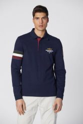 AERONAUTICA MILITARE Granatowy męski longsleeve polo Jersey. Niebieskie bluzki z długim rękawem męskie Aeronautica Militare, l, bez wzorów, z jersey, bez ramiączek. W wyprzedaży za 309.99 zł.