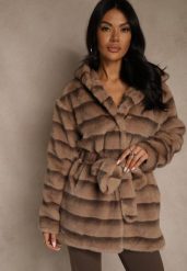 Jasnobrązowa Kurtka Futrzana z Nieodpinanym Kapturem Ozdobiona Paskiem Zetelia. Brązowe kurtki damskie Renee, m, bez wzorów, z futra. Za 249.99 zł.