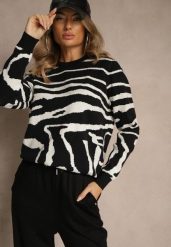 Czarny Klasyczny Sweter w Zebrę Unarella. Czarne swetry damskie Renee, l, bez wzorów, casualowe, bez kołnierzyka, bez ramiączek, bez kaptura. Za 79.99 zł.