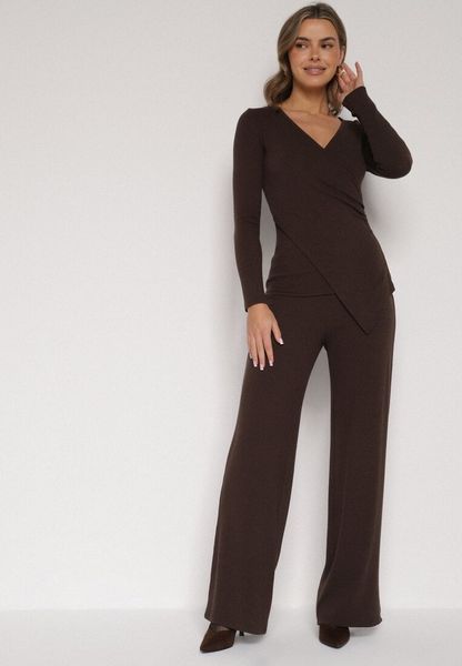 Brązowy Bawełniany Komplet Kopertowa Bluzka z Długim Rękawem i Spodnie Ferenna. Brązowe bluzki damskie Born2be, l, bez wzorów, z bawełny, bez kołnierzyka, bez ramiączek. Za 169.99 zł.