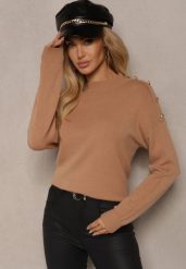 Beżowy Sweter z Półgolfem Wiskozą i Modalem Ozdobiona Guzikami Emmitana. Brązowe swetry damskie Renee, l, bez wzorów, z jeansu, casualowe, bez kołnierzyka, bez ramiączek, bez kaptura. Za 69.99 zł.