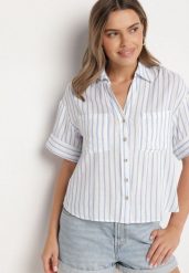 Niebieska Koszula z Lnu i Wiskozy o Kroju Oversize Restia. Niebieskie bluzki damskie Born2be, m, bez wzorów, z tkaniny, biznesowe, bez kołnierzyka, bez ramiączek. Za 119.99 zł.
