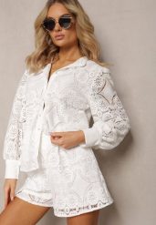 Biała Klasyczna Koszula z Ażurowego Materiału Aseili. Białe bluzki damskie Renee, m, w ażurowe wzory, klasyczne, bez kołnierzyka, bez ramiączek. Za 69.99 zł.