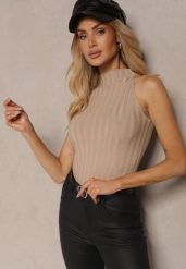 Beżowy Top z Golfem i Wiskozą z Prążkowanego Materiału Lilithea. Brązowe bluzki damskie Renee, m, bez wzorów, z jeansu, eleganckie, bez kołnierzyka, bez ramiączek. Za 69.99 zł.