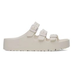 Klapki damskie Birkenstock Florida III Flex Platform EVA Eggshell. Białe klapki damskie Birkenstock, bez wzorów, eleganckie, bez obcasa, na platformie. Za 239.99 zł.